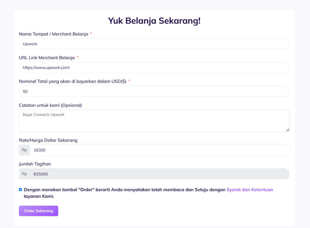 Contoh pengisian Form pembelian Connects Upwork